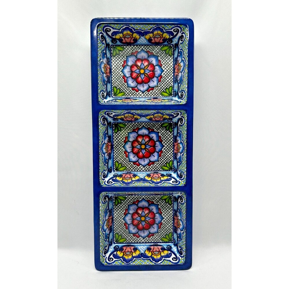 NEW Prepara Melamine 3-Sectional Taco Tray - Day Of The Dead - Blue Spanish Tile